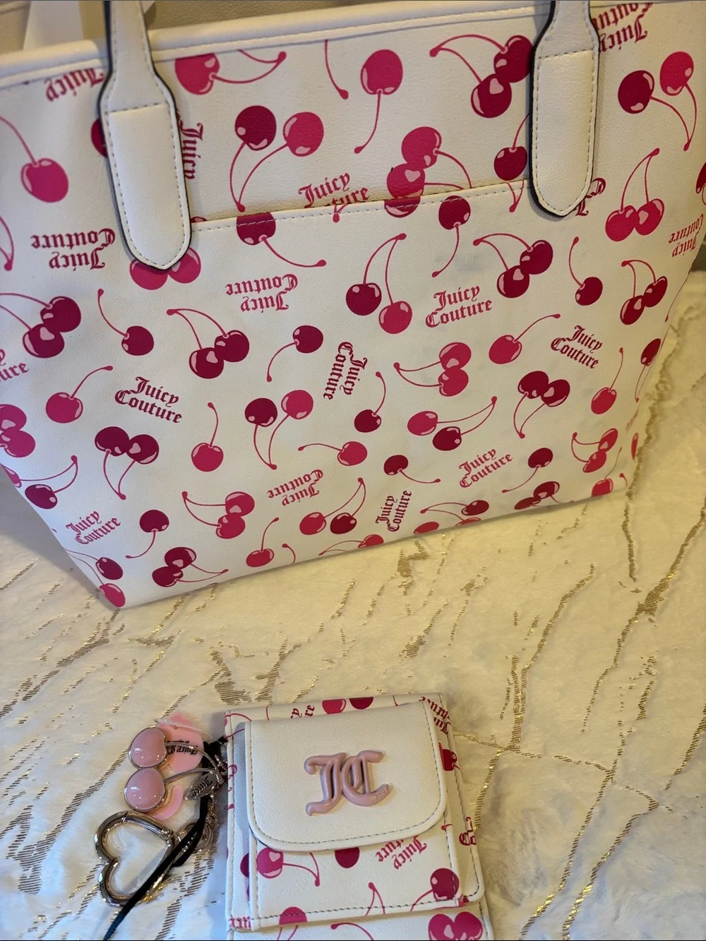 BNWT JUICY COUTURE Tote with Pink Cherry Print and Matching Wallet Set